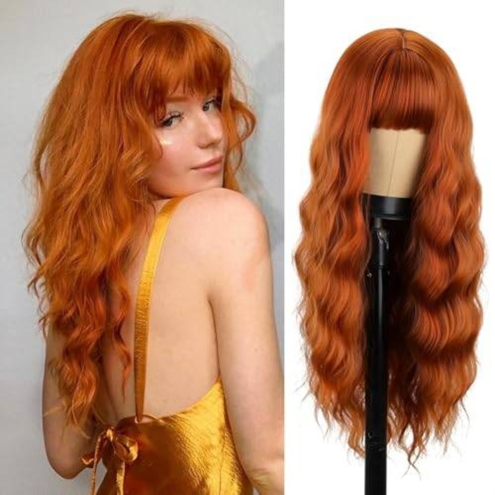 Long Wavy‎ Copper Orange Synthetic Wig with Bangs Ginger Auburn Cosplay Hair